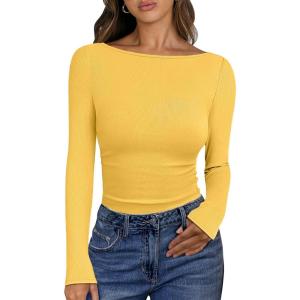 imageANRABESS Womens Boat Neck Long Sleeve Shirts Rib Knit Slim Fitting Tops Basic Tees 2025 Casual Comfy Fall Outfits ClothesYellow
