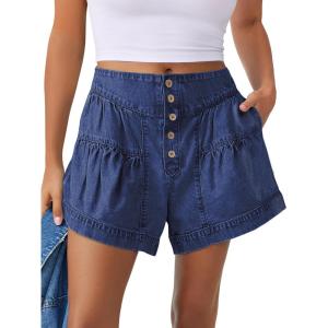 imageANRABESS Womens Denim Shorts Summer Baggy High Waisted Flowy Wide Leg Buttons Pleated Casual Jean Shorts 2025 Fashion SkortsDark Blue