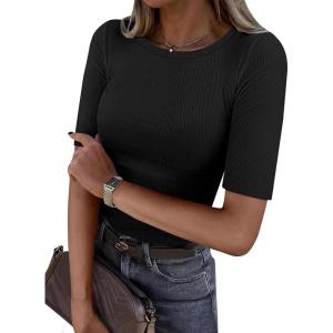 imageANRABESS Womens Half Sleeve Crewneck Tops Ribbed Knit Slim Fit Shirts Basic Tee 2025 Spring Summer Dressy Casual TShirtsBlack