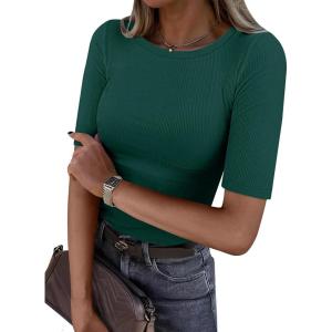 imageANRABESS Womens Half Sleeve Crewneck Tops Ribbed Knit Slim Fit Shirts Basic Tee 2025 Spring Summer Dressy Casual TShirtsForest Green
