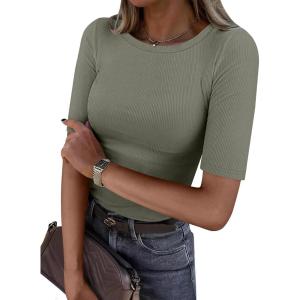 imageANRABESS Womens Half Sleeve Crewneck Tops Ribbed Knit Slim Fit Shirts Basic Tee 2025 Spring Summer Dressy Casual TShirtsSage Green