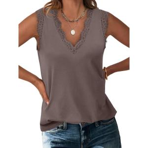 imageANRABESS Womens Lace Trim Tank Tops V Neck Sleeveless Shirts 2025 Summer Casual Trendy Dressy Cami TopLight Brown