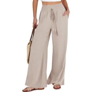 imageANRABESS Womens Linen Pants Summer Casual Palazzo Beach Pant Drawstring High Waist Wide Leg Trousers Vacation OutfitsApricot