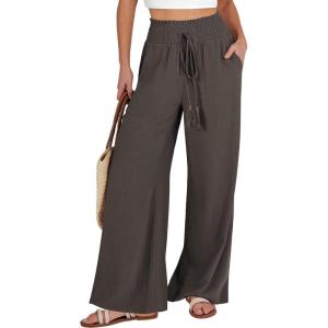 imageANRABESS Womens Linen Pants Summer Casual Palazzo Beach Pant Drawstring High Waist Wide Leg Trousers Vacation OutfitsCoffee