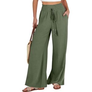 imageANRABESS Womens Linen Pants Summer Casual Palazzo Beach Pant Drawstring High Waist Wide Leg Trousers Vacation OutfitsDeep Green