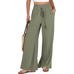 imageANRABESS Womens Linen Pants Summer Casual Palazzo Beach Pant Drawstring High Waist Wide Leg Trousers Vacation OutfitsOlive