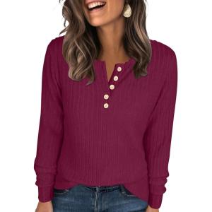 imageANRABESS Womens Long Sleeve Henley Shirts Button Down Tunic Tops Fall Lightweight Sweaters Business Casual Blouses 2025Burgundy