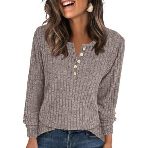 imageANRABESS Womens Long Sleeve Henley Shirts Button Down Tunic Tops Fall Lightweight Sweaters Business Casual Blouses 2025Cool Ash Brown