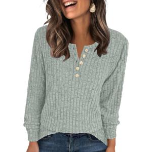 imageANRABESS Womens Long Sleeve Henley Shirts Button Down Tunic Tops Fall Lightweight Sweaters Business Casual Blouses 2025Light Green