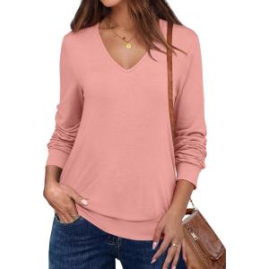 imageANRABESS Womens Long Sleeve Shirts Casual Loose V Neck Basic Tees Tops 2025 Fall TShirt OutfitsCoral