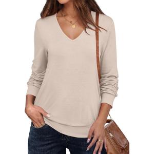 imageANRABESS Womens Long Sleeve Shirts Casual Loose V Neck Basic Tees Tops 2025 Fall TShirt OutfitsLight Khaki