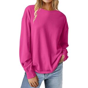 imageANRABESS Womens Long Sleeve Shirts Crewneck Oversized Tops Casual 2025 Fall Trendy TShirts Tee Blouse with Pockets ClothesHot Pink