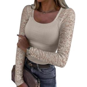 imageANRABESS Womens Long Sleeve Shirts Scoop Neck Lace Going Out Tops Slim Fit Rib Knit Casual Blouses 2025 Fall Fashion OutfitsBeige