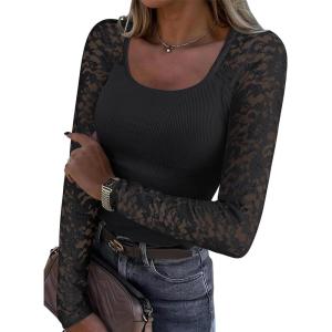 imageANRABESS Womens Long Sleeve Shirts Scoop Neck Lace Going Out Tops Slim Fit Rib Knit Casual Blouses 2025 Fall Fashion OutfitsBlack