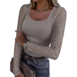 imageANRABESS Womens Long Sleeve Shirts Scoop Neck Lace Going Out Tops Slim Fit Rib Knit Casual Blouses 2025 Fall Fashion OutfitsDark Khaki