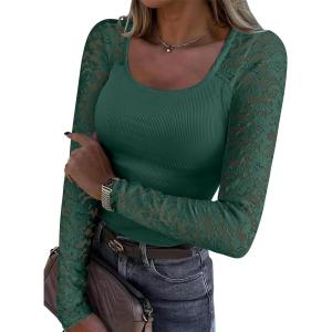 imageANRABESS Womens Long Sleeve Shirts Scoop Neck Lace Going Out Tops Slim Fit Rib Knit Casual Blouses 2025 Fall Fashion OutfitsDeep Green
