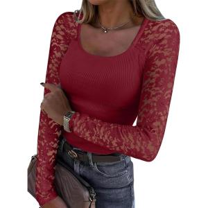 imageANRABESS Womens Long Sleeve Shirts Scoop Neck Lace Going Out Tops Slim Fit Rib Knit Casual Blouses 2025 Fall Fashion OutfitsDeep Red
