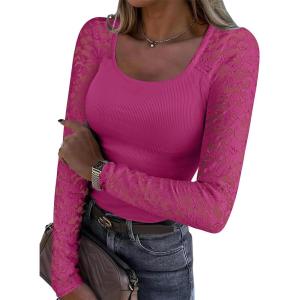 imageANRABESS Womens Long Sleeve Shirts Scoop Neck Lace Going Out Tops Slim Fit Rib Knit Casual Blouses 2025 Fall Fashion OutfitsHot Pink