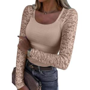 imageANRABESS Womens Long Sleeve Shirts Scoop Neck Lace Going Out Tops Slim Fit Rib Knit Casual Blouses 2025 Fall Fashion OutfitsLight Camel