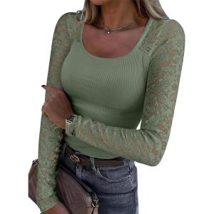 imageANRABESS Womens Long Sleeve Shirts Scoop Neck Lace Going Out Tops Slim Fit Rib Knit Casual Blouses 2025 Fall Fashion OutfitsSage Green
