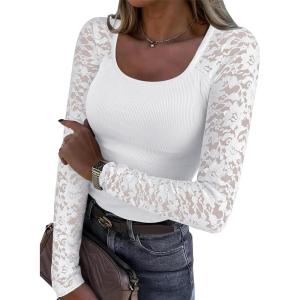 imageANRABESS Womens Long Sleeve Shirts Scoop Neck Lace Going Out Tops Slim Fit Rib Knit Casual Blouses 2025 Fall Fashion OutfitsWhite