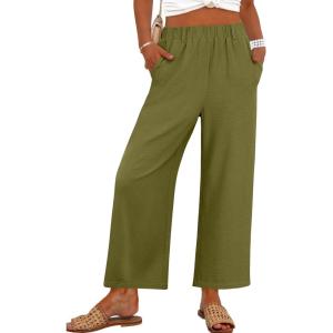 imageANRABESS Womens Pants Wide Leg Elastic Waist Casual Cropped Palazzo Pants 2025 Beach Vacation Summer Trousers with PocketOlive Green