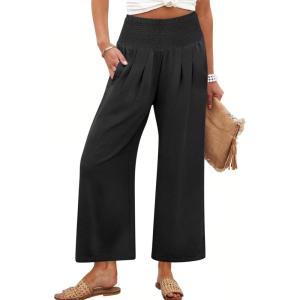 imageANRABESS Womens Pants Wide Leg High Waisted Palazzo Pants Summer Flowy Beach Lounge Casual Trousers with PocketsBlack