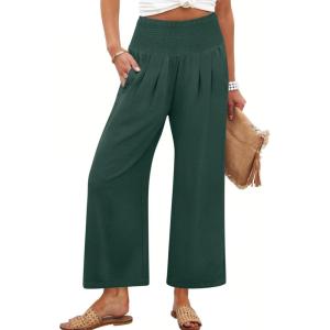 imageANRABESS Womens Pants Wide Leg High Waisted Palazzo Pants Summer Flowy Beach Lounge Casual Trousers with PocketsDark Green