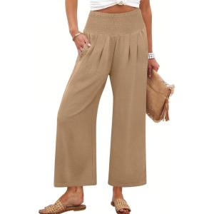 imageANRABESS Womens Pants Wide Leg High Waisted Palazzo Pants Summer Flowy Beach Lounge Casual Trousers with PocketsKhaki