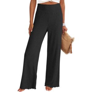 imageANRABESS Womens Ribbed Knit Lounge Pajama Pants Casual Elastic High Waist Loose Wide Leg Pants 2025 Fall Comfy PJ BottomsBlack