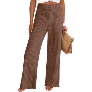 imageANRABESS Womens Ribbed Knit Lounge Pajama Pants Casual Elastic High Waist Loose Wide Leg Pants 2025 Fall Comfy PJ BottomsBrown
