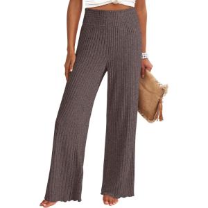 imageANRABESS Womens Ribbed Knit Lounge Pajama Pants Casual Elastic High Waist Loose Wide Leg Pants 2025 Fall Comfy PJ BottomsDeep Brown