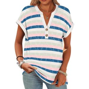 imageANRABESS Womens Short Sleeve Henley Tops V Neck Dressy Casual Blouses Summer Trendy Tee Shirts 2025 Vacation Fashion ClothesBlue Pink Strip