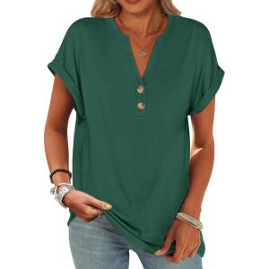imageANRABESS Womens Short Sleeve Henley Tops V Neck Dressy Casual Blouses Summer Trendy Tee Shirts 2025 Vacation Fashion ClothesDark Green