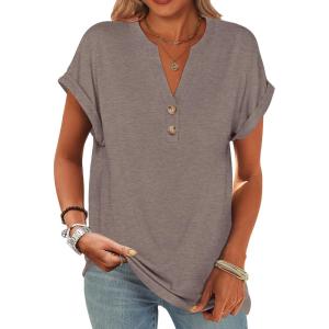 imageANRABESS Womens Short Sleeve Henley Tops V Neck Dressy Casual Blouses Summer Trendy Tee Shirts 2025 Vacation Fashion ClothesGrey Brown