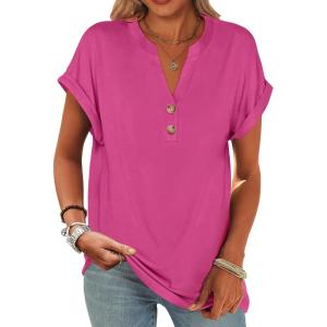 imageANRABESS Womens Short Sleeve Henley Tops V Neck Dressy Casual Blouses Summer Trendy Tee Shirts 2025 Vacation Fashion ClothesHot Pink