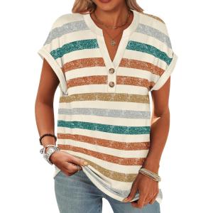 imageANRABESS Womens Short Sleeve Henley Tops V Neck Dressy Casual Blouses Summer Trendy Tee Shirts 2025 Vacation Fashion ClothesOrange Lake Strip