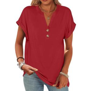 imageANRABESS Womens Short Sleeve Henley Tops V Neck Dressy Casual Blouses Summer Trendy Tee Shirts 2025 Vacation Fashion ClothesRed
