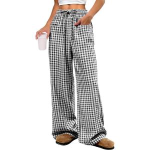 imageANRABESS Womens Striped Gingham Pants 2025 Pajama Drawstring Wide Leg Lounge Plaid Pants Cute Casual Trousers with PocketsBlack White Plaid