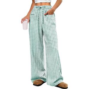 imageANRABESS Womens Striped Gingham Pants 2025 Pajama Drawstring Wide Leg Lounge Plaid Pants Cute Casual Trousers with PocketsGreen White Plaid