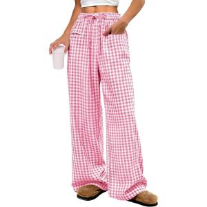 imageANRABESS Womens Striped Gingham Pants 2025 Pajama Drawstring Wide Leg Lounge Plaid Pants Cute Casual Trousers with PocketsPink White Plaid