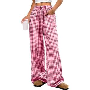 imageANRABESS Womens Striped Gingham Pants 2025 Pajama Drawstring Wide Leg Lounge Plaid Pants Cute Casual Trousers with PocketsRed White Plaid