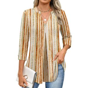 imageANRABESS Womens Tops 34 Length Sleeve Shirts Business Casual Dressy Blouses 2025 Fall Work Tunic Tee TShirts Office OutfitsBrown Green Strips