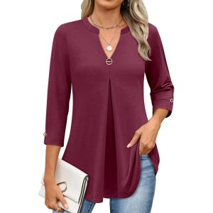 imageANRABESS Womens Tops 34 Length Sleeve Shirts Business Casual Dressy Blouses 2025 Fall Work Tunic Tee TShirts Office OutfitsBurgundy