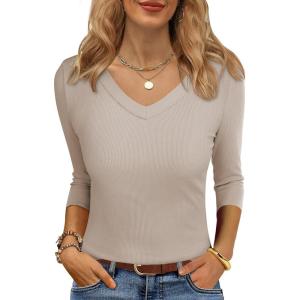 imageANRABESS Womens Tops 34 Sleeve V Neck Ribbed Knit Slim Fit Shirts Basic Tee 2025 Fall Outfits Casual Tshirt Fashion ClothesBeige