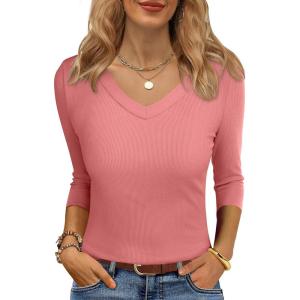 imageANRABESS Womens Tops 34 Sleeve V Neck Ribbed Knit Slim Fit Shirts Basic Tee 2025 Fall Outfits Casual Tshirt Fashion ClothesCoral Pink