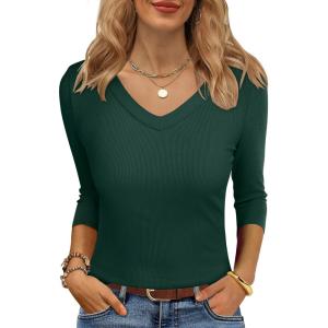 imageANRABESS Womens Tops 34 Sleeve V Neck Ribbed Knit Slim Fit Shirts Basic Tee 2025 Fall Outfits Casual Tshirt Fashion ClothesDeep Green