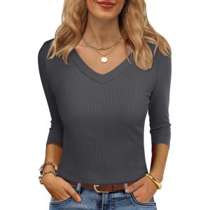 imageANRABESS Womens Tops 34 Sleeve V Neck Ribbed Knit Slim Fit Shirts Basic Tee 2025 Fall Outfits Casual Tshirt Fashion ClothesDeep Grey