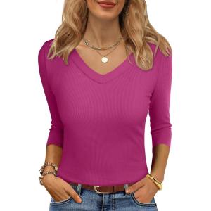 imageANRABESS Womens Tops 34 Sleeve V Neck Ribbed Knit Slim Fit Shirts Basic Tee 2025 Fall Outfits Casual Tshirt Fashion ClothesHot Pink