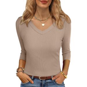 imageANRABESS Womens Tops 34 Sleeve V Neck Ribbed Knit Slim Fit Shirts Basic Tee 2025 Fall Outfits Casual Tshirt Fashion ClothesLight Camel
